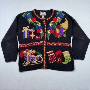 Vintage Christmas Cardigan Sweater Women's Large Y2K 90s Embroidery Santa